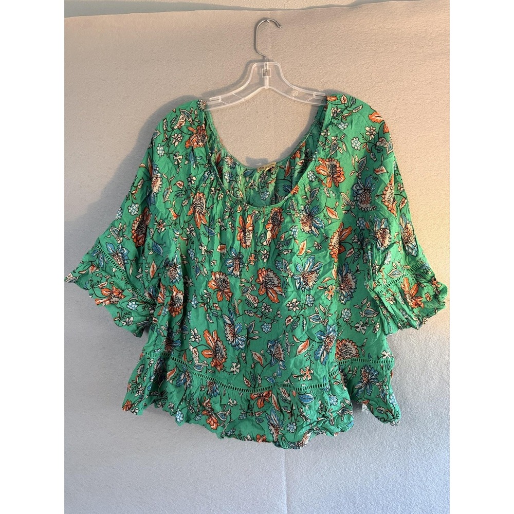 Democracy Blouse Womens XL Green Floral Ruffle Hem 3/4 Bell Sleeve Tunic Top